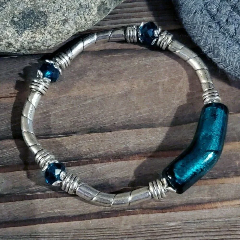 Handcrafted Edgy Silver Teal Green Foil Glass Metal and Crystal Stretch Bracelet